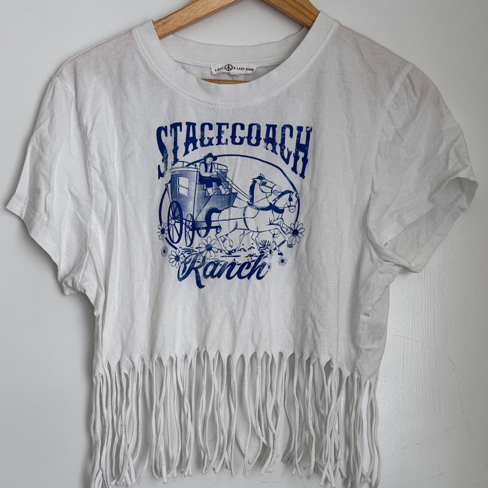 Love Peace & Lazy Days White Fringe Cropped T